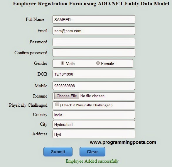 Registration form Asp.Net Entity Framework