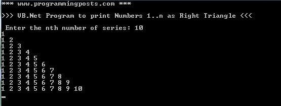 VB.Net Program to print Numbers 1 to N in Right Triangle Format